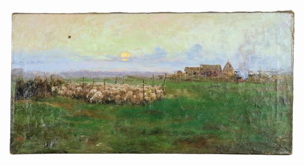 Pittore Italiano Fine XIX Secolo - Signed. "Landscape with stables, peasants and flock", oil painting on canvas