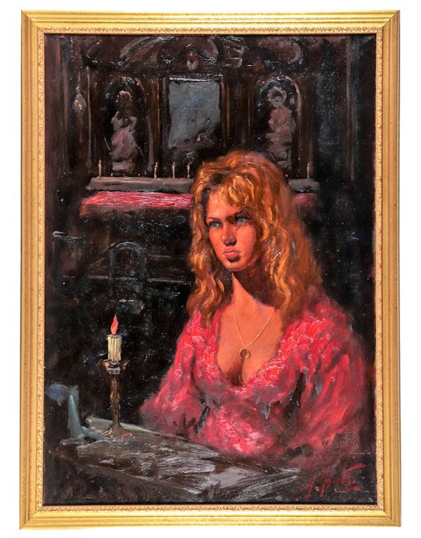 Pittore Napoletano XX Secolo - Firmato. "Ragazza con candela", dipinto ad olio su tela