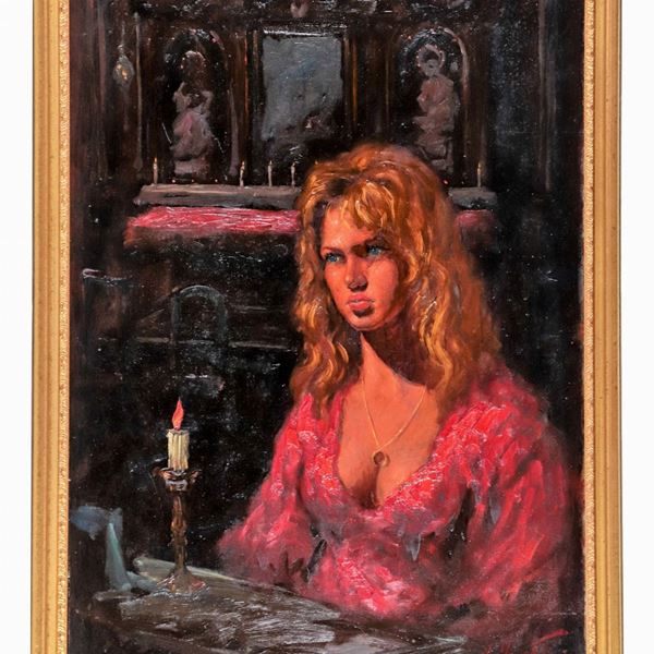 Pittore Napoletano XX Secolo - Firmato. "Ragazza con candela", dipinto ad olio su tela