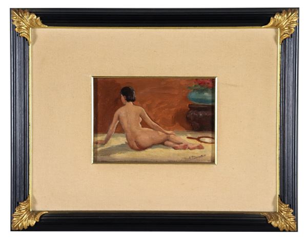Pittore Napoletano XX Secolo - Signed. "Girl nude" oil on cardboard 13.5 x 19 cm