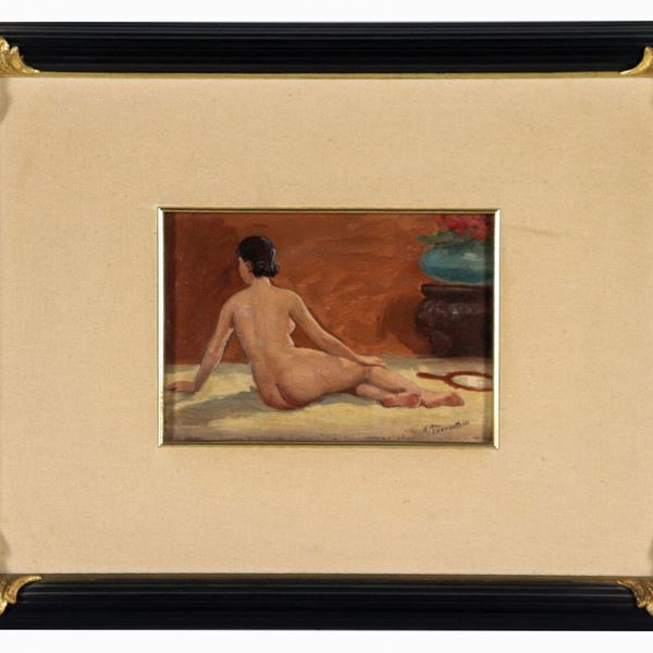 Pittore Napoletano XX Secolo - Signed. "Girl nude" oil on cardboard 13.5 x 19 cm