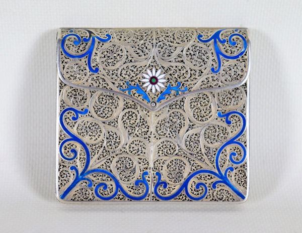 Antique card holder in filigree silver with swirls and flowers enamel applications, gr. 80