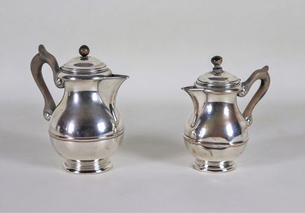Lot of two antique small silver-plated metal coffee pots with wooden handles