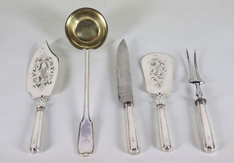 Set di posate da portata romane in argento, Bolli Camerali Stato Pontificio, Argentiere Belli Vin...