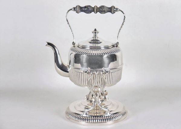 Teapot with spirits in silver-plated metal, chiseled and embossed, wooden handle