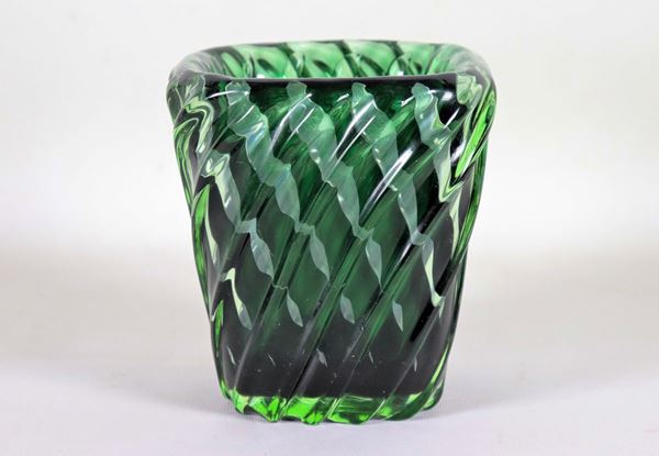 Vaso in vetro di Murano verde con lavorazione ad intrecci e colature nere
