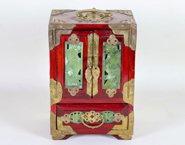 Chinese casket coin purse in rosewood, with applications of green jade plates and trimmings in gilded and chiseled metal