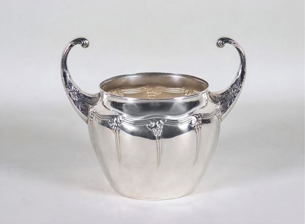 Antique German Liberty sugar bowl in silver-plated, chiseled and embossed metal with curved handles