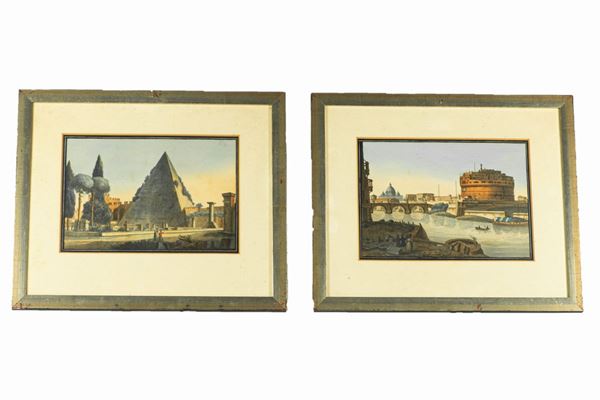 Scuola Italiana Met&#224; XIX Secolo. - &quot;View of Castel Sant&#39;Angelo&quot; and &quot;The Pyramid of Cestius&quot;