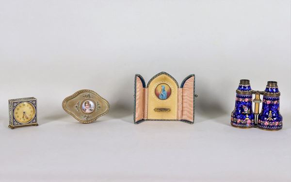 Lot of a theater binoculars with enamels, a miniature with "Madonnina", an oval box in gilded metal with a miniature on the lid and an alarm clock with enamels (4 pcs)