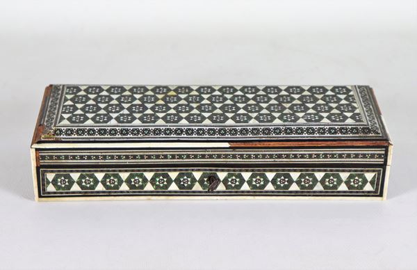 Antique rectangular oriental wooden box, entirely inlaid with geometric motifs