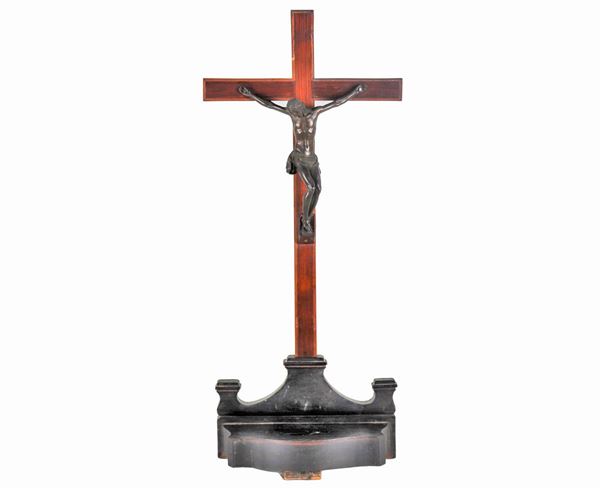 Antique crucifix in bronze and walnut, defects at the base