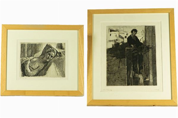 Pittore Italiano Inizio XX Secolo - &quot;Girl on the balcony and girl lying down&quot;. Signed.