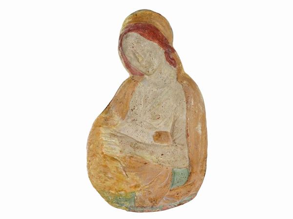 High relief sculpture "Madonna with Child" in polychrome terracotta