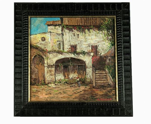 Pittore Italiano Inizio XX Secolo - &quot;Courtyard with farmer and chickens&quot;. Signed.