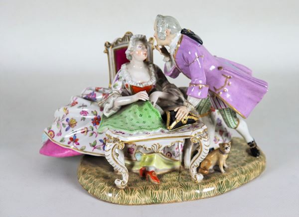 Polychrome porcelain group "Gallant scene in the living room"