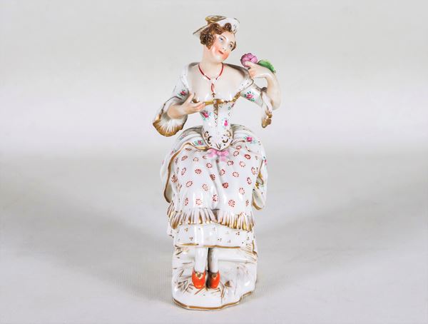Small polychrome porcelain sculpture "Young lady with rose", signed Jacob Petit