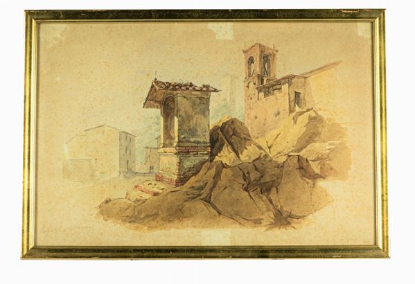 Pittore Italiano XIX Secolo - &quot;Glimpse of the village with church and newsstand&quot;. Signed.