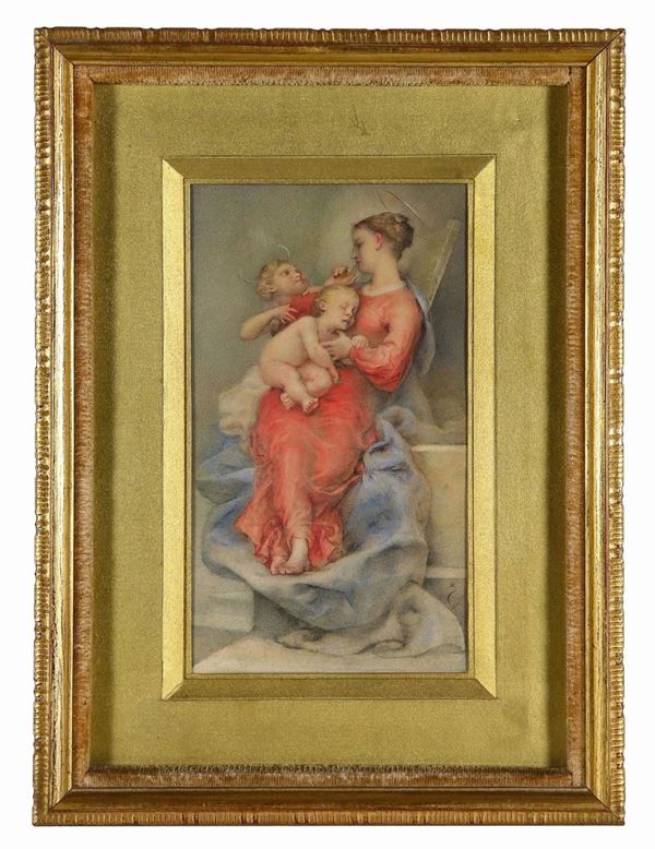 Scuola Italiana XIX Secolo - Signed. "Madonna and Child with San Giovannino", small watercolor drawing on paper