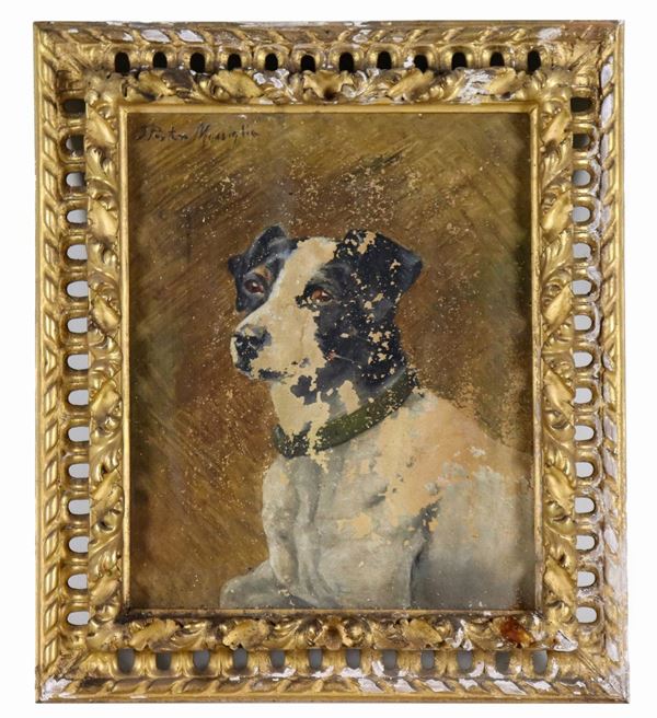 Pittore Francese Fine XIX Secolo - Signed. "Dog portrait", small oil painting on canvas