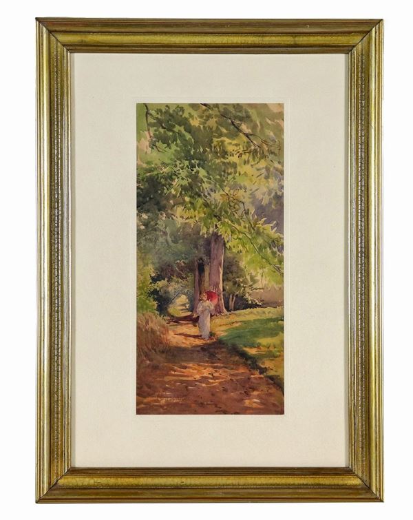Pittore Italiano Fine XIX Secolo - Signed. "Walk in the woods", small watercolor on paper