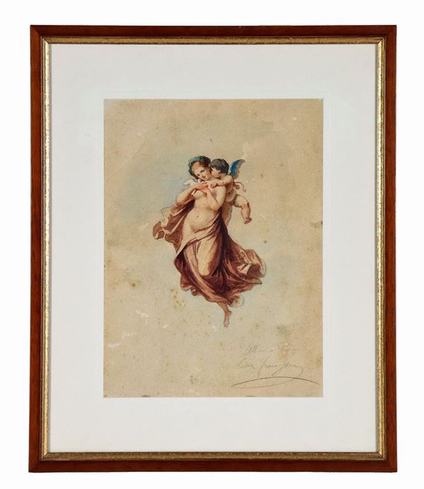 Scuola Italiana Fine XIX Secolo - Signed. "Dancing Vestal with Cupid", small watercolor on paper