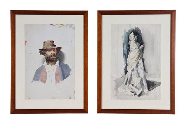Scuola Italiana Inizio XX Secolo - "Lady with shawl" and "Buttero", pair of watercolors on paper