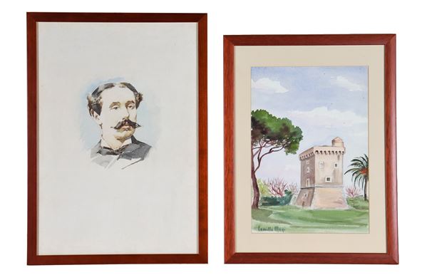 Scuola Italiana XX Secolo - "Ancient tower in the Roman countryside" and "Man with mustache", lot of two watercolors on paper