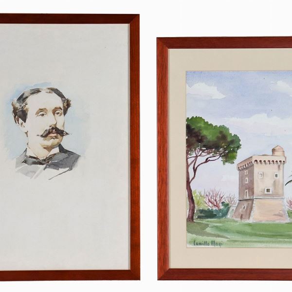 Scuola Italiana XX Secolo - "Antica torre nella campagna romana" e "Uomo con baffi", lotto di due acquarelli su carta