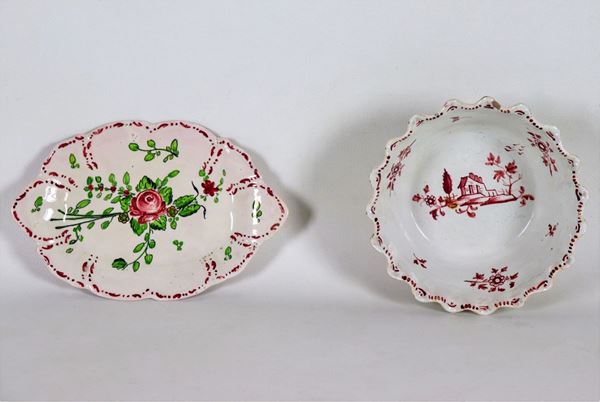 Round bowl and oval saucer in polychrome majolica from Pesaro, with floral and landscape decorations