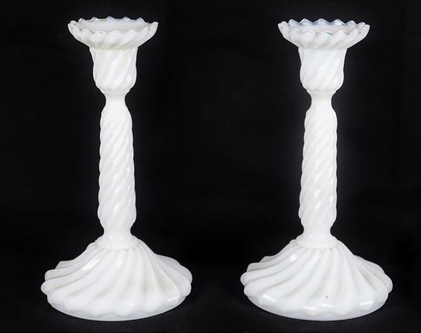Pair of French Liberty candlesticks in white opaline glass, worked in a torchon