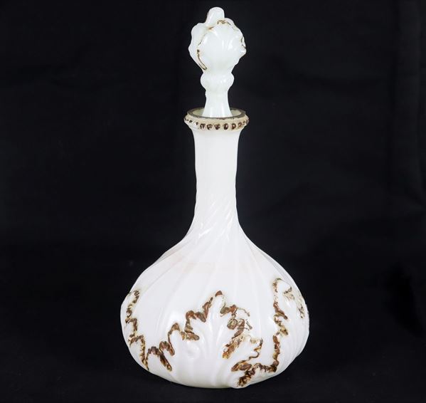 French Liberty liqueur bottle in white opaline glass, decorated with acanthus leaf motifs