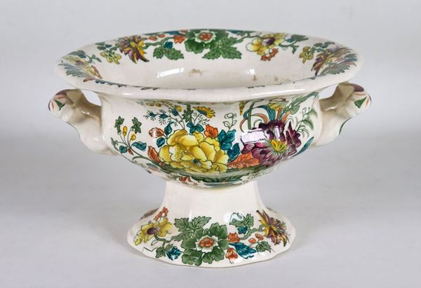 English cup-shaped stand with handles, in enamelled and multicolored earthenware with motifs of vases with flowers and garlands