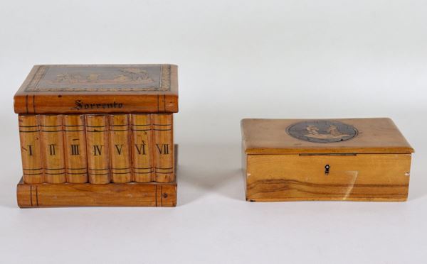 Lot of two Sorrentine boxes with lids inlaid with "Tarantella and peasants" motifs