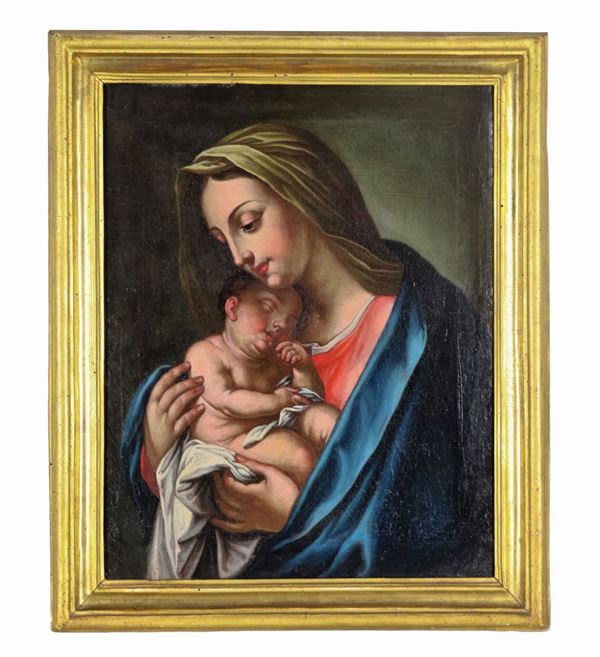 Scuola Romana Inizio XVIII Secolo - "Madonna con Bambino", piccolo dipinto ad olio su tela di ottimo tratto pittorico