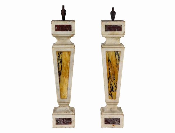 Pair of small herms in polychrome marble