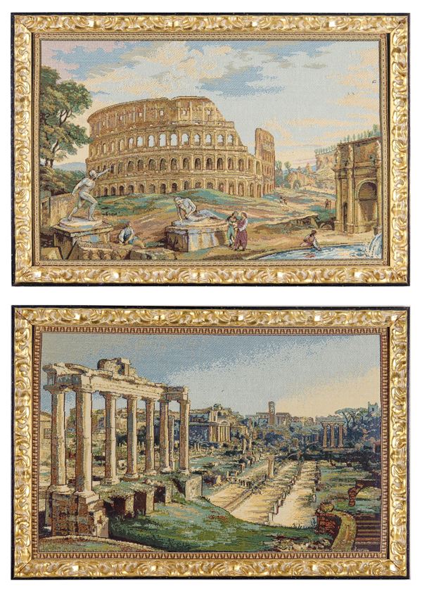 "Vedute del Foro Romano e del Colosseo" coppia di tessuti ricamati 