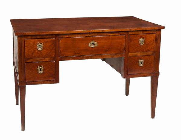 Tuscan walnut desk in Louis XVI line, five drawers and inverted truncated pyramid legs