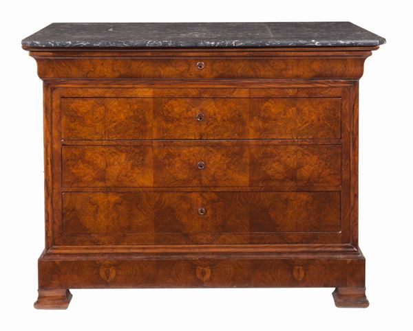 French Second Empire chest of drawers in walnut and briar walnut, with four drawers and top in black gray brecciated marble