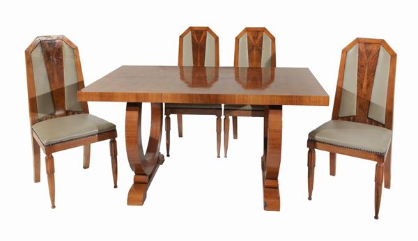 Decò table and four chairs in walnut and briar walnut