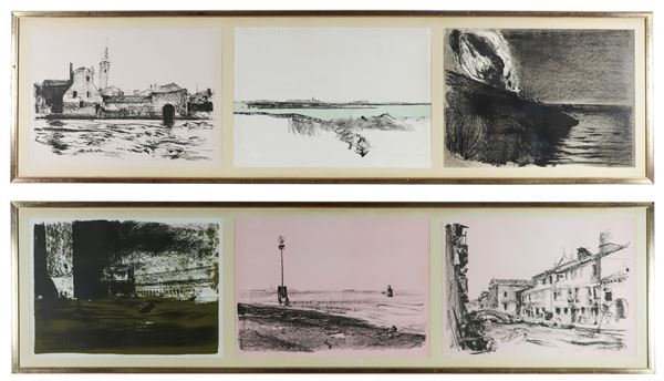 Pietro Annigoni - Signed. "Views of the Flood of Venice of November 4, 1966" series of 6 multiple commemorative lithographs 66/99 cm 60 x 70 each, gathered in two unique frames