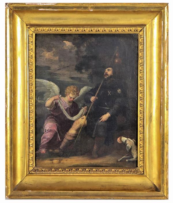 Giuseppe Maria Crespi - Follower of. "San Rocco and the Angel", small oil painting on canvas