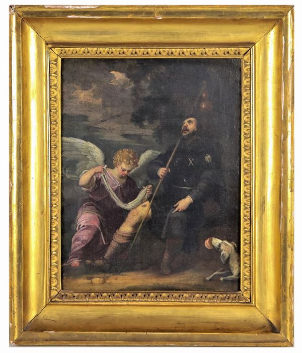 Giuseppe Maria Crespi - Seguace di. "San Rocco e l'Angelo", piccolo dipinto ad olio su tela