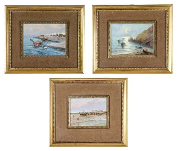 Alberto Picardi (Napoli XX Secolo) - Signed. "Casamicciola", "Fishermen in the moonlight" and "Dry boats" lot of three small oil paintings on plywood 15 x 20 cm each