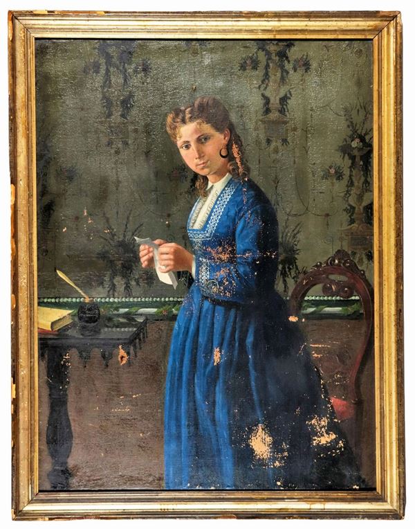 Scuola Italiana XIX Secolo - "Portrait of a young girl with letter", oil painting on canvas