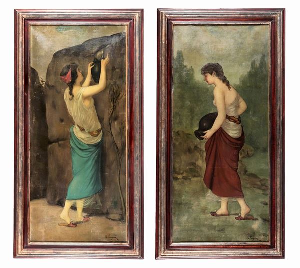 Adolphe Faugeron - Firmati. "Fanciulle alla fonte con anfore", coppia di dipinti ad olio su tela