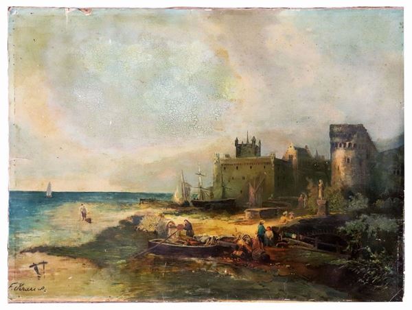 Scuola Alto-Veneto Fine XIX Secolo - Firmato. "Marina con porticciolo e castello", dipinto ad olio su carta applicata a tela