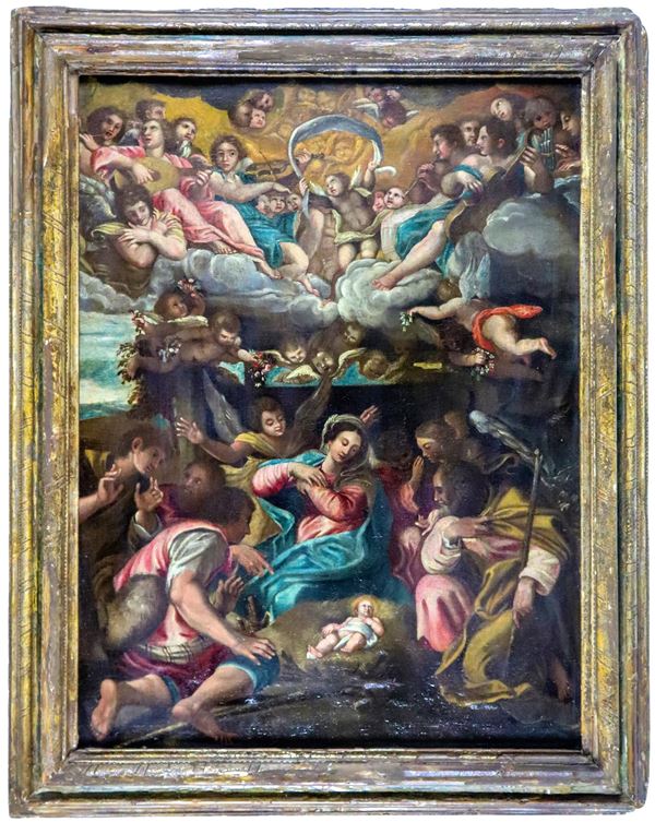 Scuola Napoletana Fine XVII Secolo - "Nativity with the Adoration of the Shepherds", oil painting on canvas