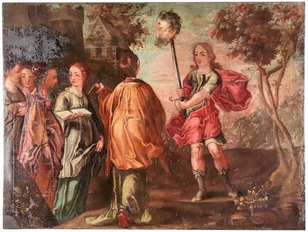 Scuola Italiana Fine XVII - Inizio XVIII Secolo - "David and Goliath", oil painting on canvas