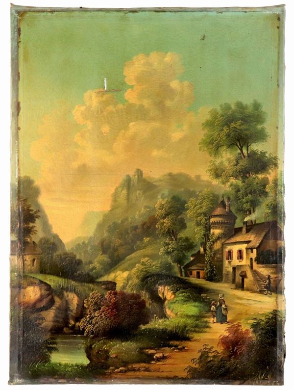 Scuola Svizzera Fine XIX Secolo - "Paesaggio alpino con scorcio di case e corso d'acqua" dipinto ad olio su tela